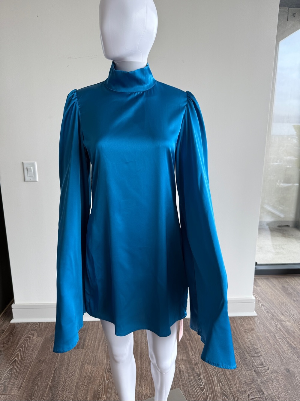 High-Neck Bell Sleeve Mini Dress
